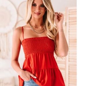 Red smocked tank top